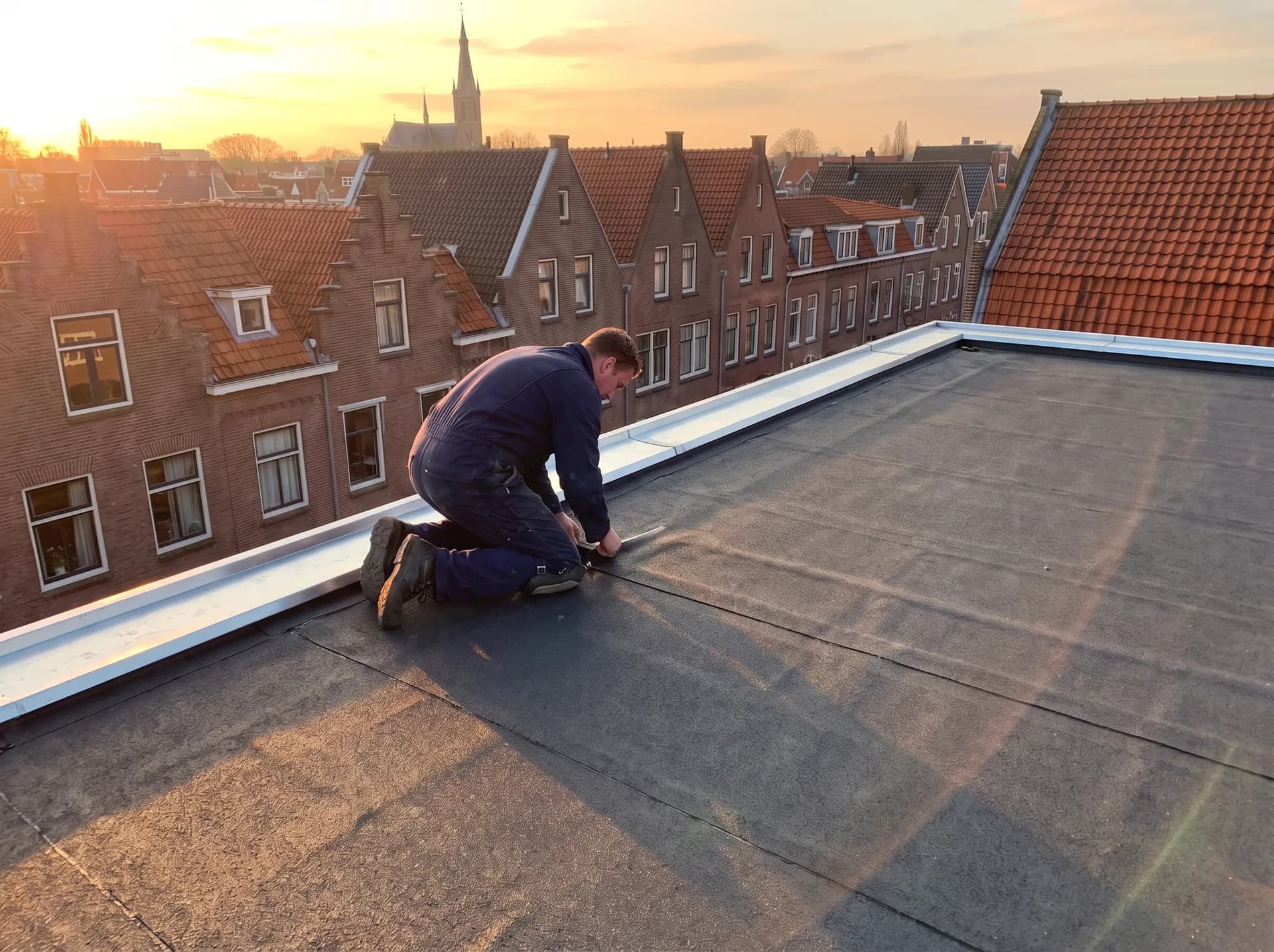 Dakdekker controleert een naad op het vernieuwde platte dak aan de Bakenessergracht in Haarlem