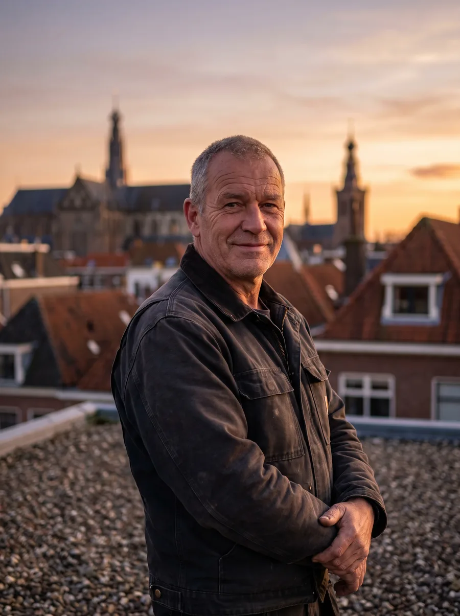 Jan Tolmeijer, oprichter van DakMeesters, op een dak in Haarlem