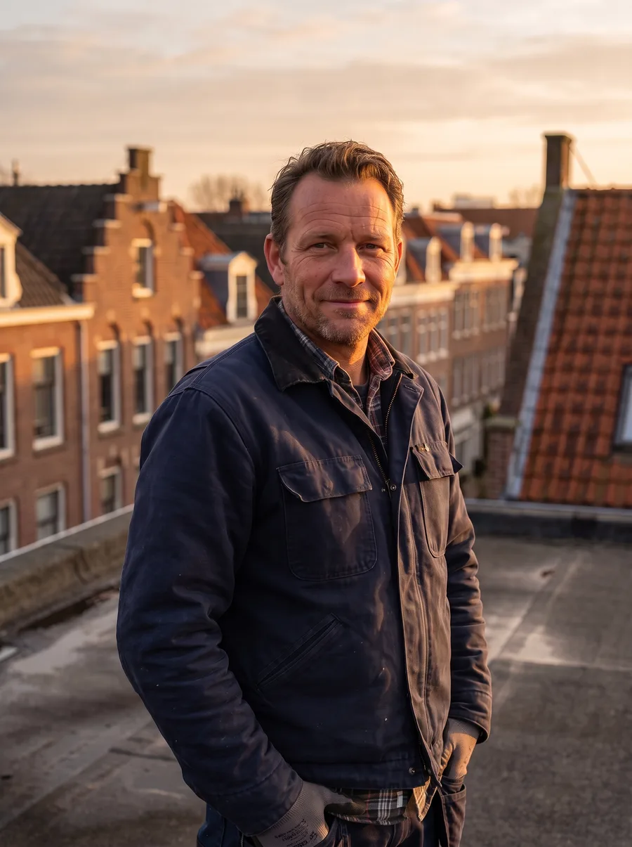 Mark, voorman bij DakMeesters, op een plat dak in Haarlem